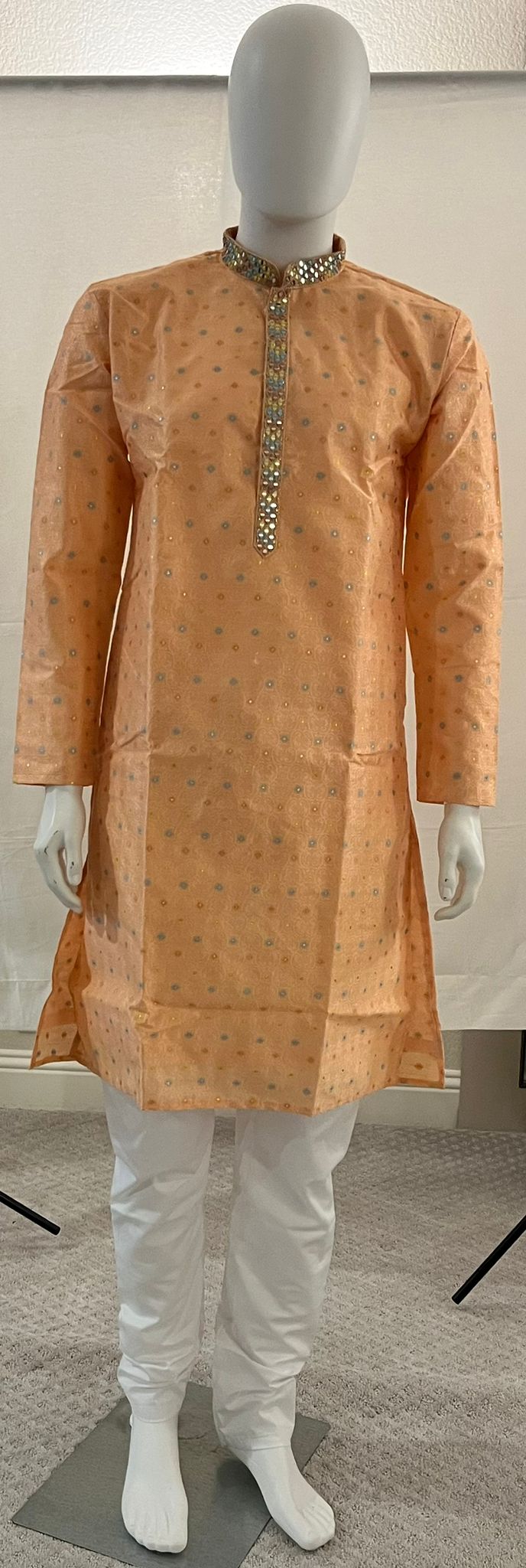 French Beige Jaquard Kurta Set for Men with Mirror Work - MIRASILKS French Beige Jaquard Kurta Set for Men with Mirror Work