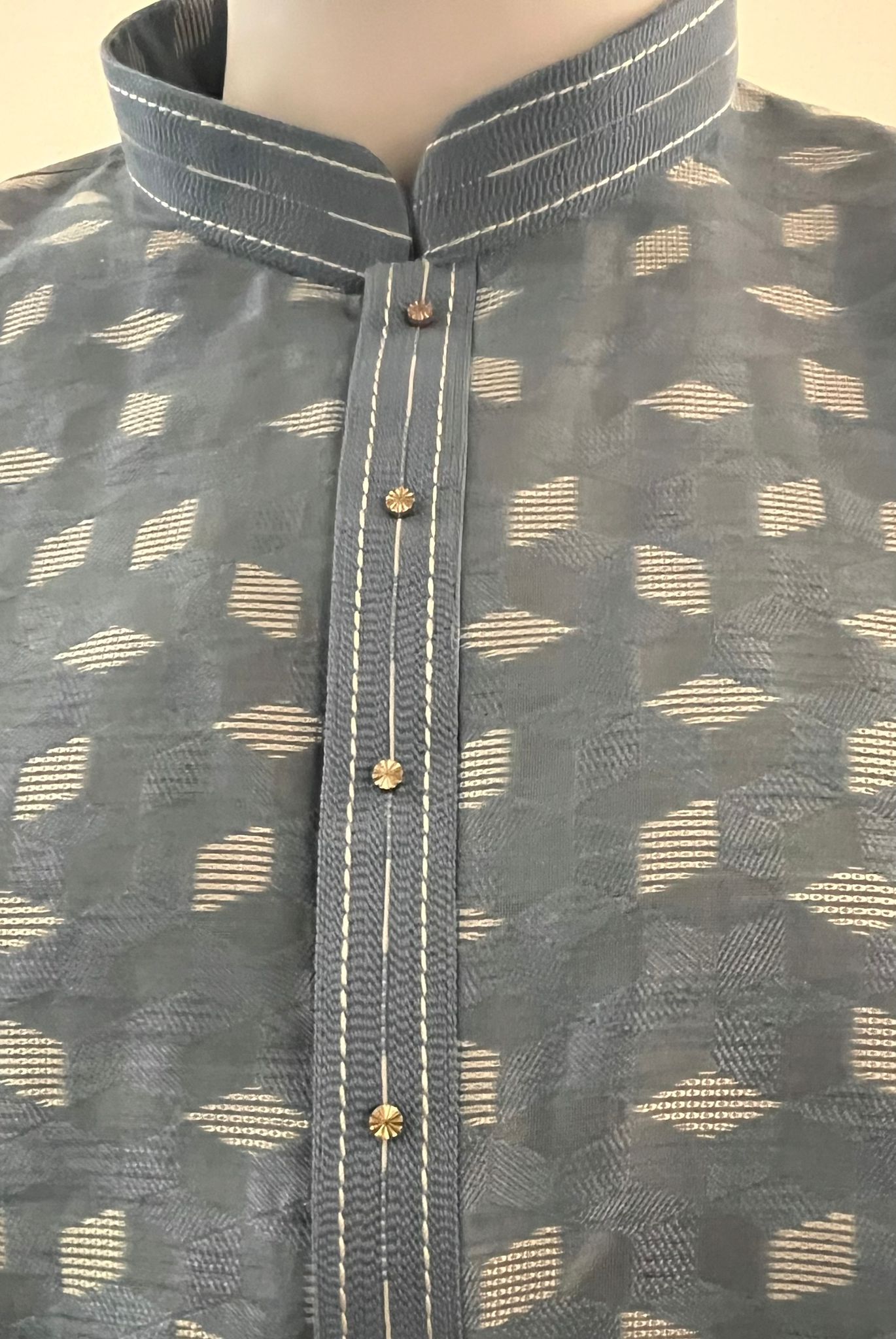 Grey Chikankari Kurta Set for Men with White Diamond Shape Patterns - MIRASILKS Grey Chikankari Kurta Set for Men with White Diamond Shape Patterns