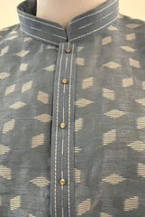 Grey Chikankari Kurta Set for Men with White Diamond Shape Patterns - MIRASILKS Grey Chikankari Kurta Set for Men with White Diamond Shape Patterns