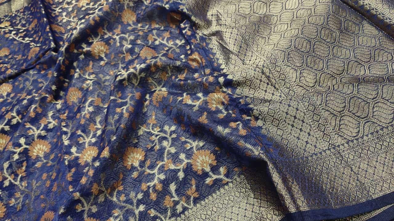 Dark Blue Tissue Banarasi Saree with Floral Patterns - MIRASILKS Dark Blue Tissue Banarasi Saree with Floral Patterns