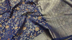 Dark Blue Tissue Banarasi Saree with Floral Patterns - MIRASILKS Dark Blue Tissue Banarasi Saree with Floral Patterns