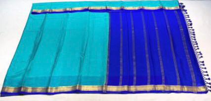 Bluish Cyan Mysore Silk With Royal Blue Pallu - MIRASILKS Bluish Cyan Mysore Silk With Royal Blue Pallu