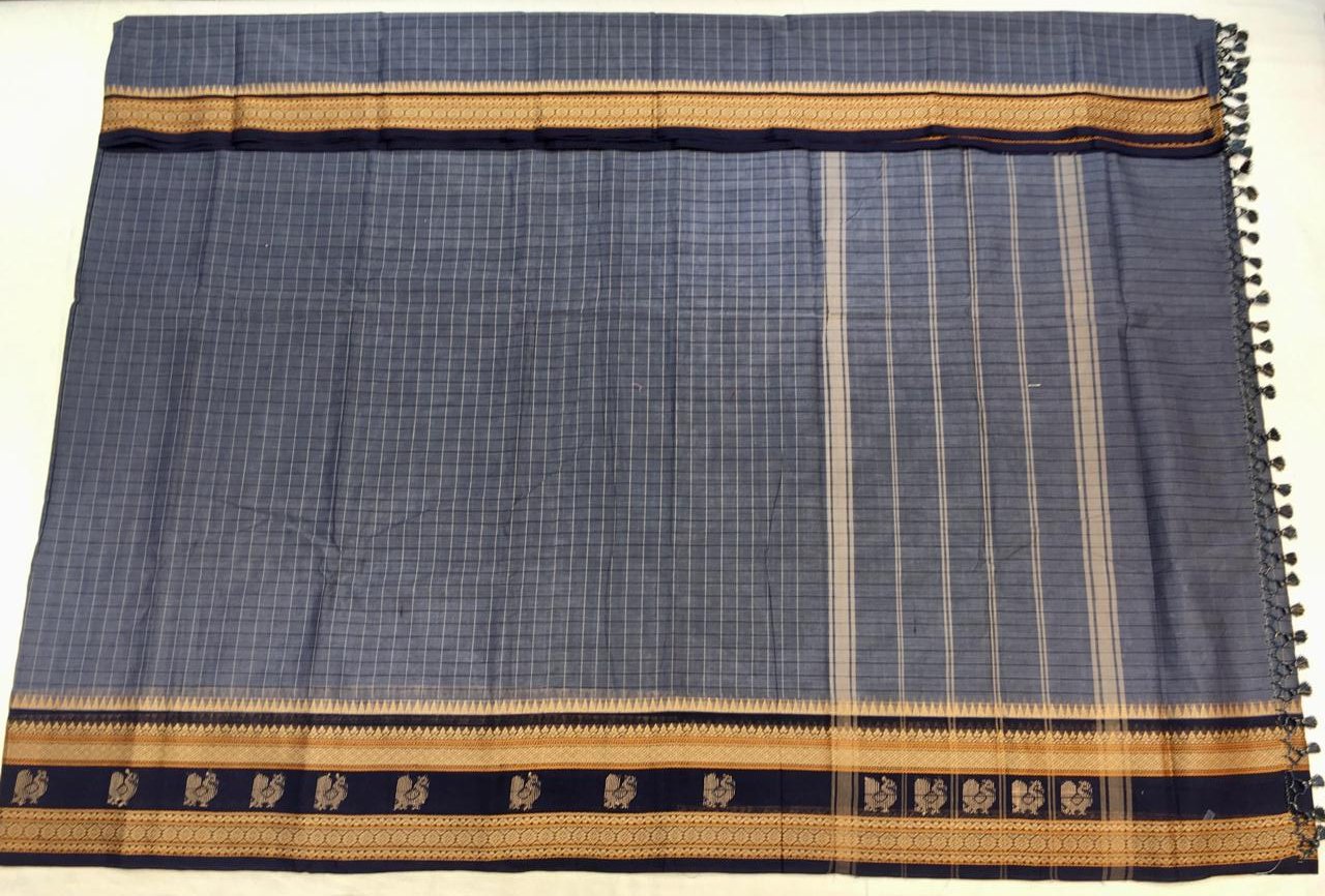 Grey Korvai Cotton Saree With Navy Blue Border - MIRASILKS Grey Korvai Cotton Saree With Navy Blue Border