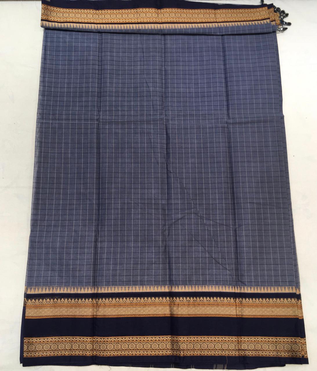 Grey Korvai Cotton Saree With Navy Blue Border - MIRASILKS Grey Korvai Cotton Saree With Navy Blue Border