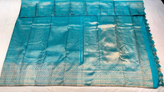 Deep Aqua Kanjivaram Silk Saree With Gold Zari Pallu - MIRASILKS Deep Aqua Kanjivaram Silk Saree With Gold Zari Pallu