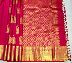 Lipstick Red Kanjivaram Saree With Broad Zari Border - MIRASILKS Lipstick Red Kanjivaram Saree With Broad Zari Border