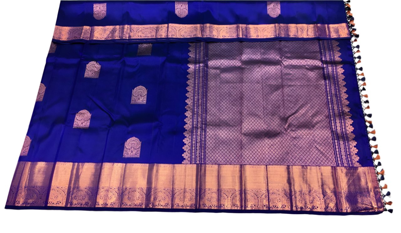 Sapphire Blue Kanchi with Gold Zari Pallu - MIRASILKS Sapphire Blue Kanchi with Gold Zari Pallu