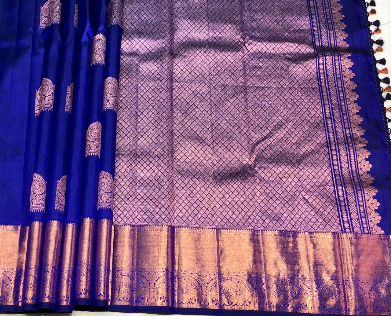 Sapphire Blue Kanchi with Gold Zari Pallu - MIRASILKS Sapphire Blue Kanchi with Gold Zari Pallu