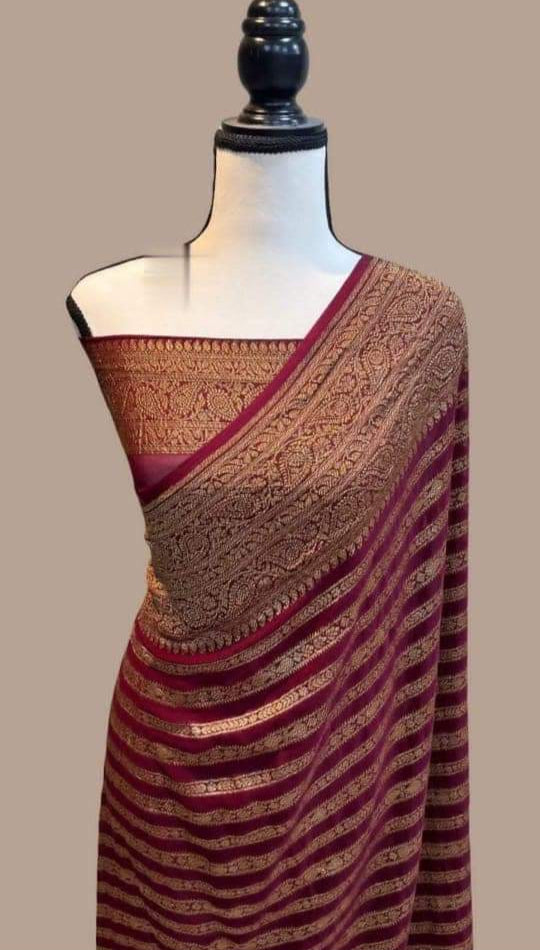Wine Banarasi Georgette Saree - MIRASILKS Wine Banarasi Georgette Saree