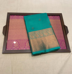 Aqua Blue Kanjivaram Saree With Coffee Brown Pallu