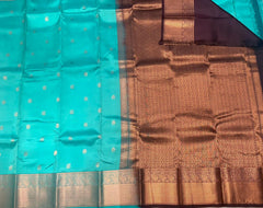 Aqua Blue Kanjivaram Saree With Coffee Brown Pallu