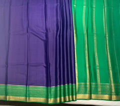Dark Slate Blue Mysore Pure Silk Saree With Green Pallu