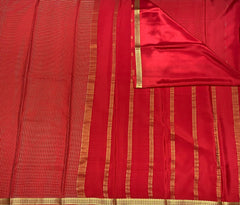 Scarlet Red Mysore Pure Silk Saree With Golden Checks