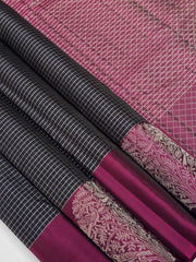 Navy blue with silver Checks Vintage Soft Silk Saree