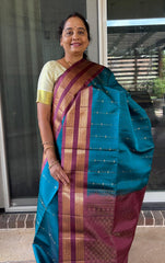 Persian Blue Kanjivaram Saree with Grape Border