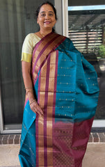 Persian Blue Kanjivaram Saree with Grape Border