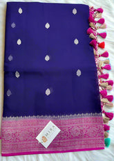Dark Indigo Banaras Khaddi Saree with Deep Pink Border