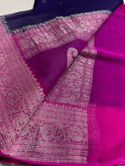 Dark Indigo Banaras Khaddi Saree with Deep Pink Border
