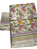 Off White Kantha work Tussar Silk Saree