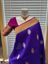 Indigo Banaras Organza Saree With Pink Border
