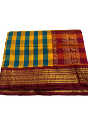 9 yards - Yellow and Teal Kattam Silk Cotton Saree