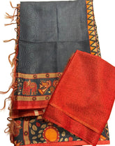 Cloudy Grey Ghicha Tussar Saree With Pastel Red Blouse