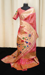 Warm Pink Paithani Saree with Gold Zari Floral Pallu with Blouse