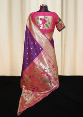 Dark Magenta Paithani Saree with Gold Zari Floral Pallu & stitched blouse