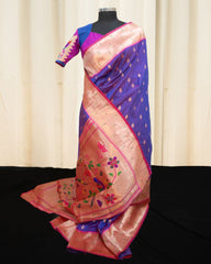 Violet Paithani Saree with Gold Zari Floral Pallu & readymade blouse