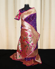 Dark Magenta Paithani Saree with Gold Zari Floral Pallu & stitched blouse