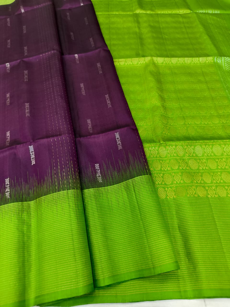 Wine Soft Silk Saree with Bright Green Pallu and Border