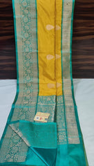 Haldi Yellow with Teal Banaras Katan Saree - MIRASILKS Haldi Yellow with Teal Banaras Katan Saree