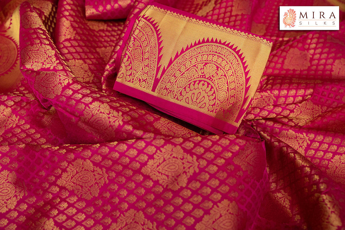 Cabaret Pink Kanjivaram Silk Saree with Motifs - MIRASILKS Cabaret Pink Kanjivaram Silk Saree with Motifs
