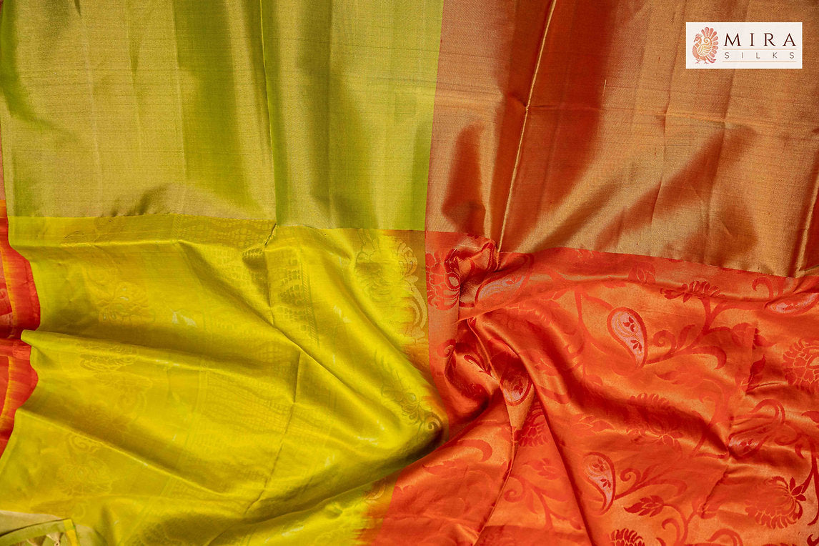 Pear Green Soft Silk Tissue Saree with Stitched Blouse - MIRASILKS Pear Green Soft Silk Tissue Saree with Stitched Blouse