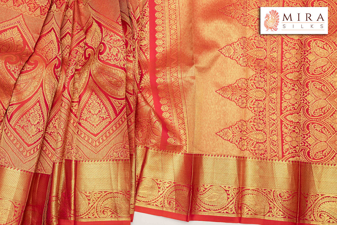 Orange Red Kanjivaram Silk Sari with Ari work Blouse - MIRASILKS Orange Red Kanjivaram Silk Sari with Ari work Blouse