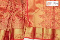 Orange Red Kanjivaram Silk Sari with Ari work Blouse - MIRASILKS Orange Red Kanjivaram Silk Sari with Ari work Blouse