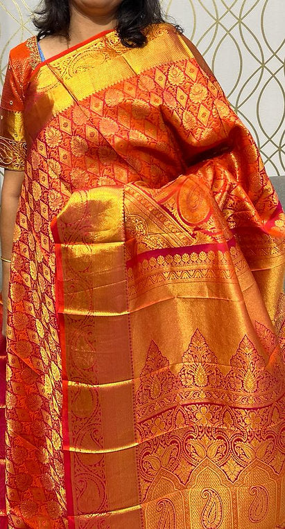 Orange Red Kanjivaram Silk Sari with Ari work Blouse - MIRASILKS Orange Red Kanjivaram Silk Sari with Ari work Blouse