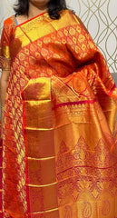 Orange Red Kanjivaram Silk Sari with Ari work Blouse - MIRASILKS Orange Red Kanjivaram Silk Sari with Ari work Blouse