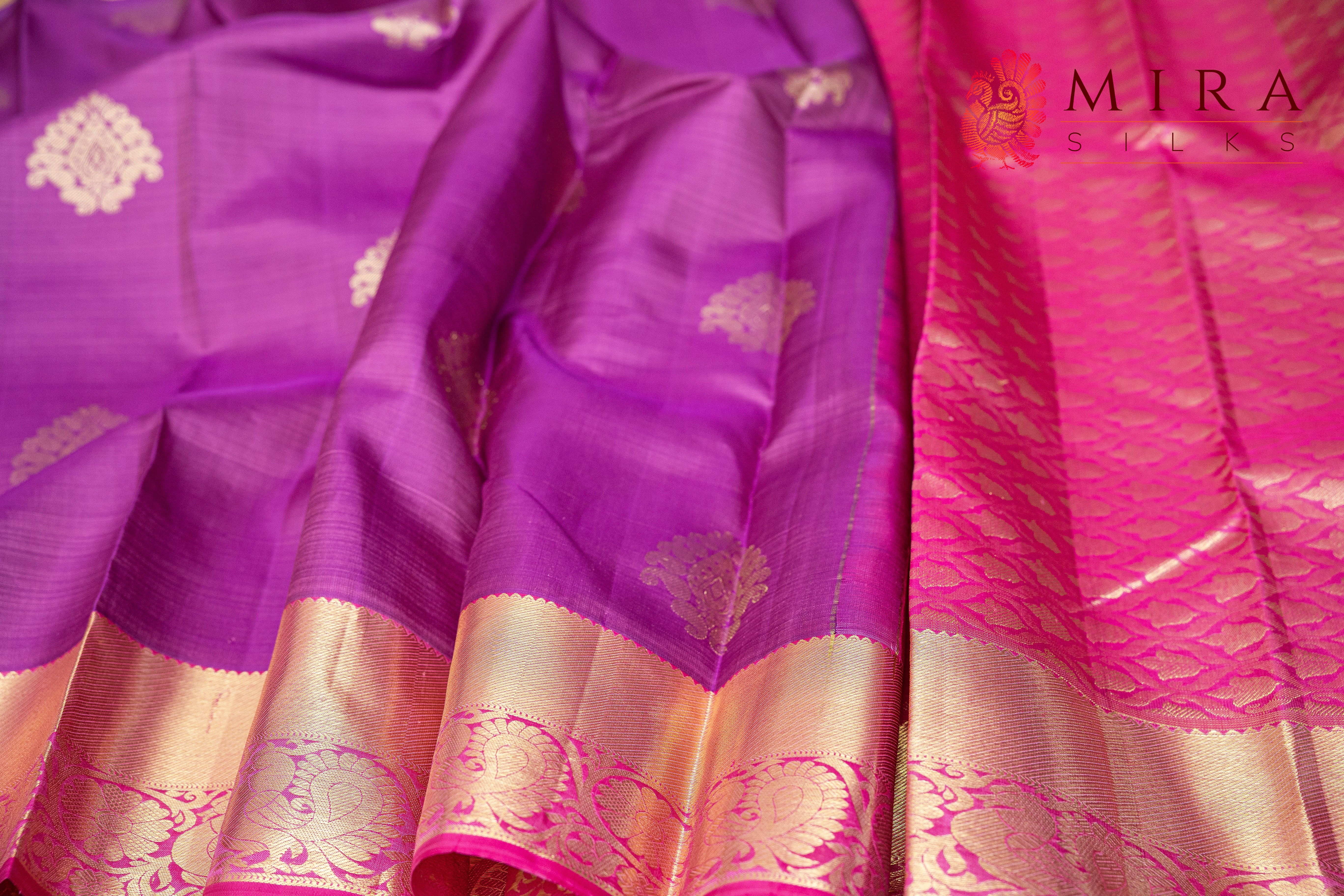 Dull Purple Kanjivaram saree with pink border - MIRASILKS Dull Purple Kanjivaram saree with pink border