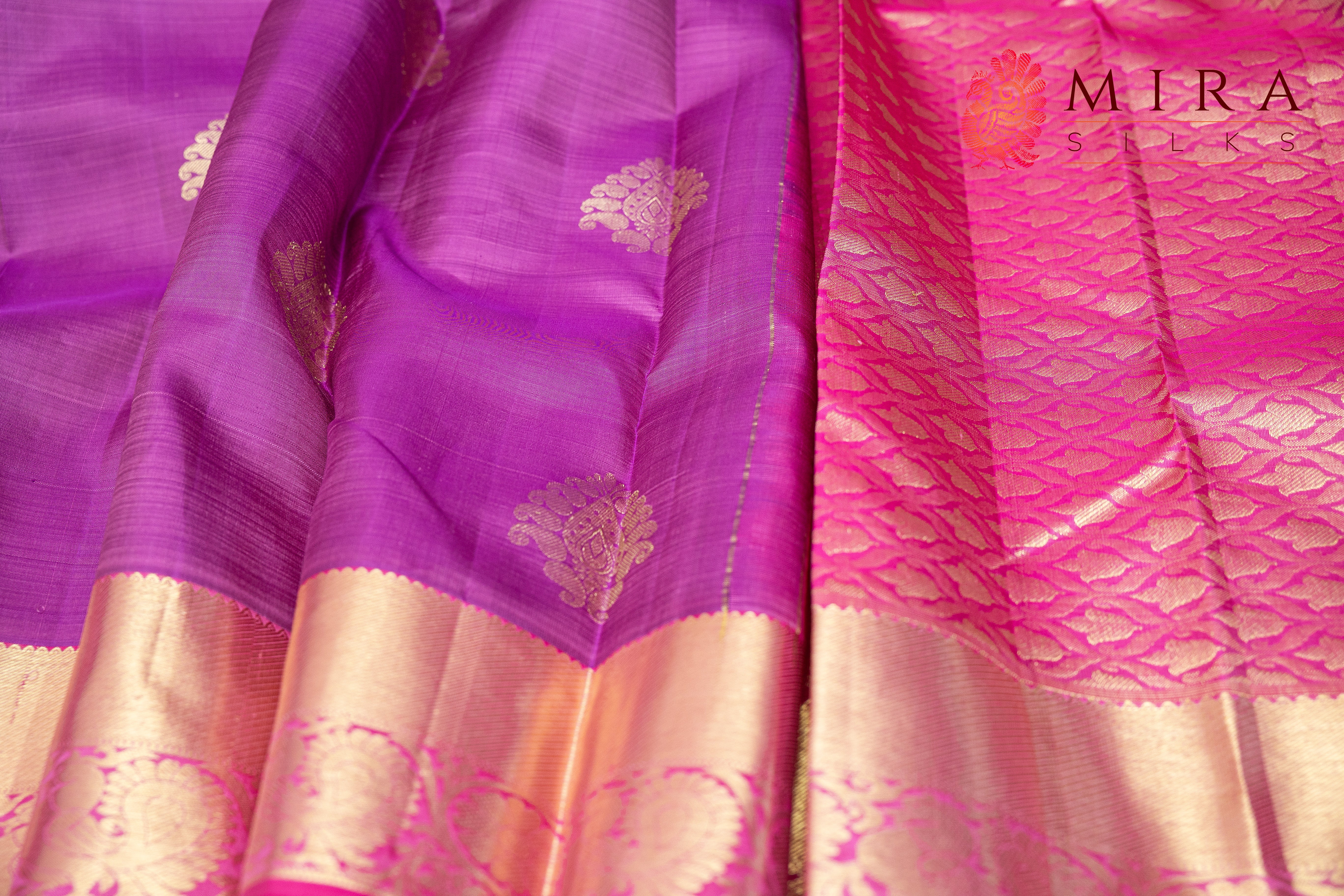 Dull Purple Kanjivaram saree with pink border - MIRASILKS Dull Purple Kanjivaram saree with pink border