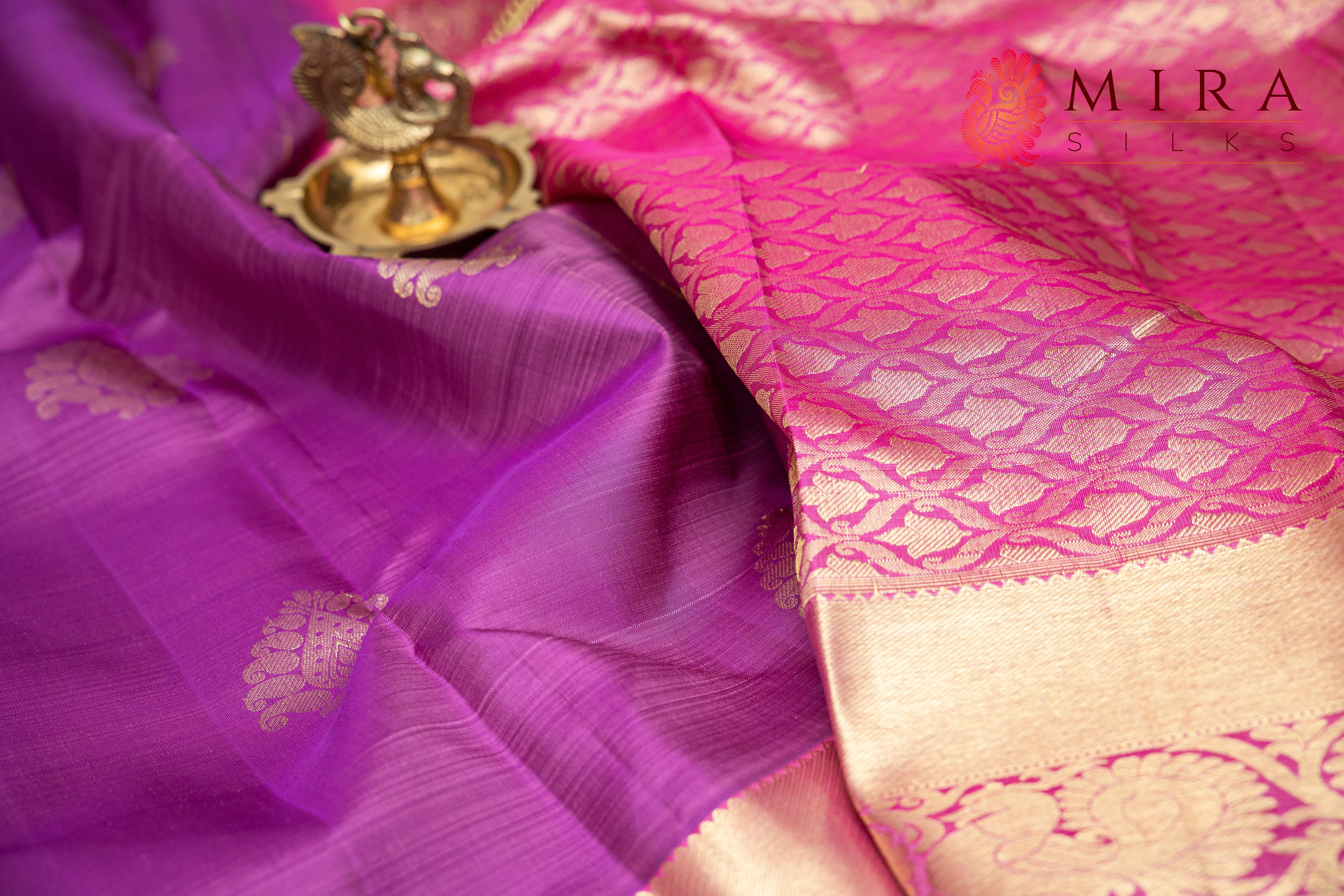Dull Purple Kanjivaram saree with pink border - MIRASILKS Dull Purple Kanjivaram saree with pink border