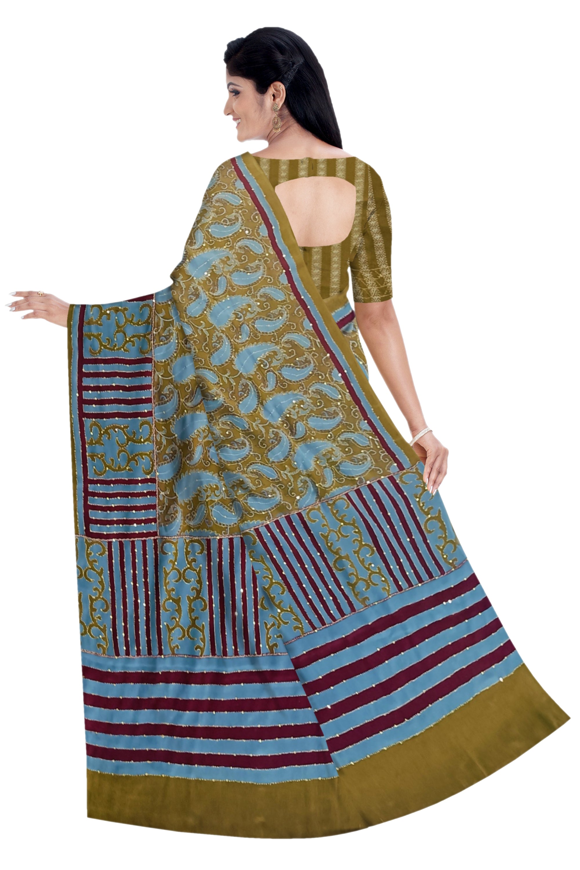 Olive Green Italian crepe with Kantha work - MIRASILKS Olive Green Italian crepe with Kantha work