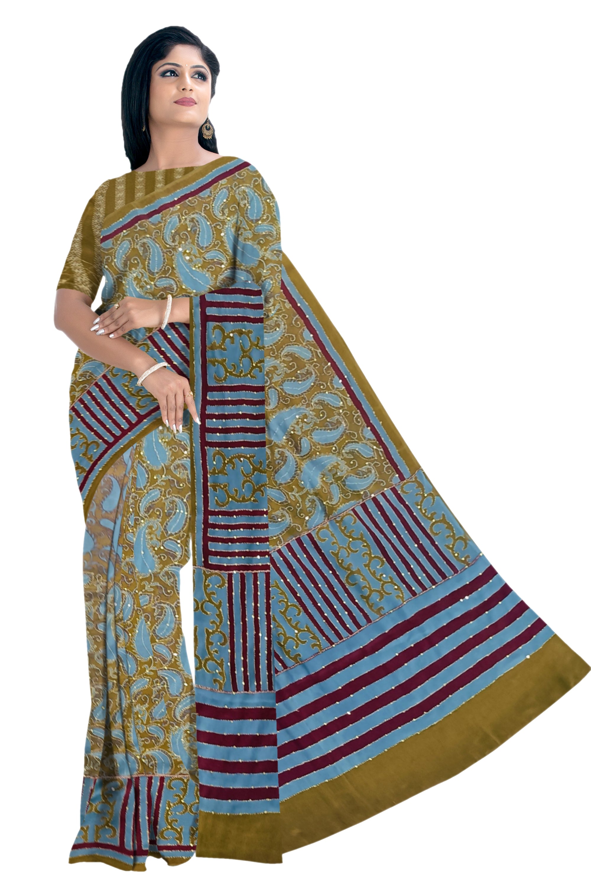 Olive Green Italian crepe with Kantha work - MIRASILKS Olive Green Italian crepe with Kantha work