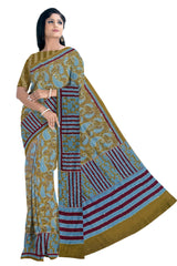 Olive Green Italian crepe with Kantha work - MIRASILKS Olive Green Italian crepe with Kantha work