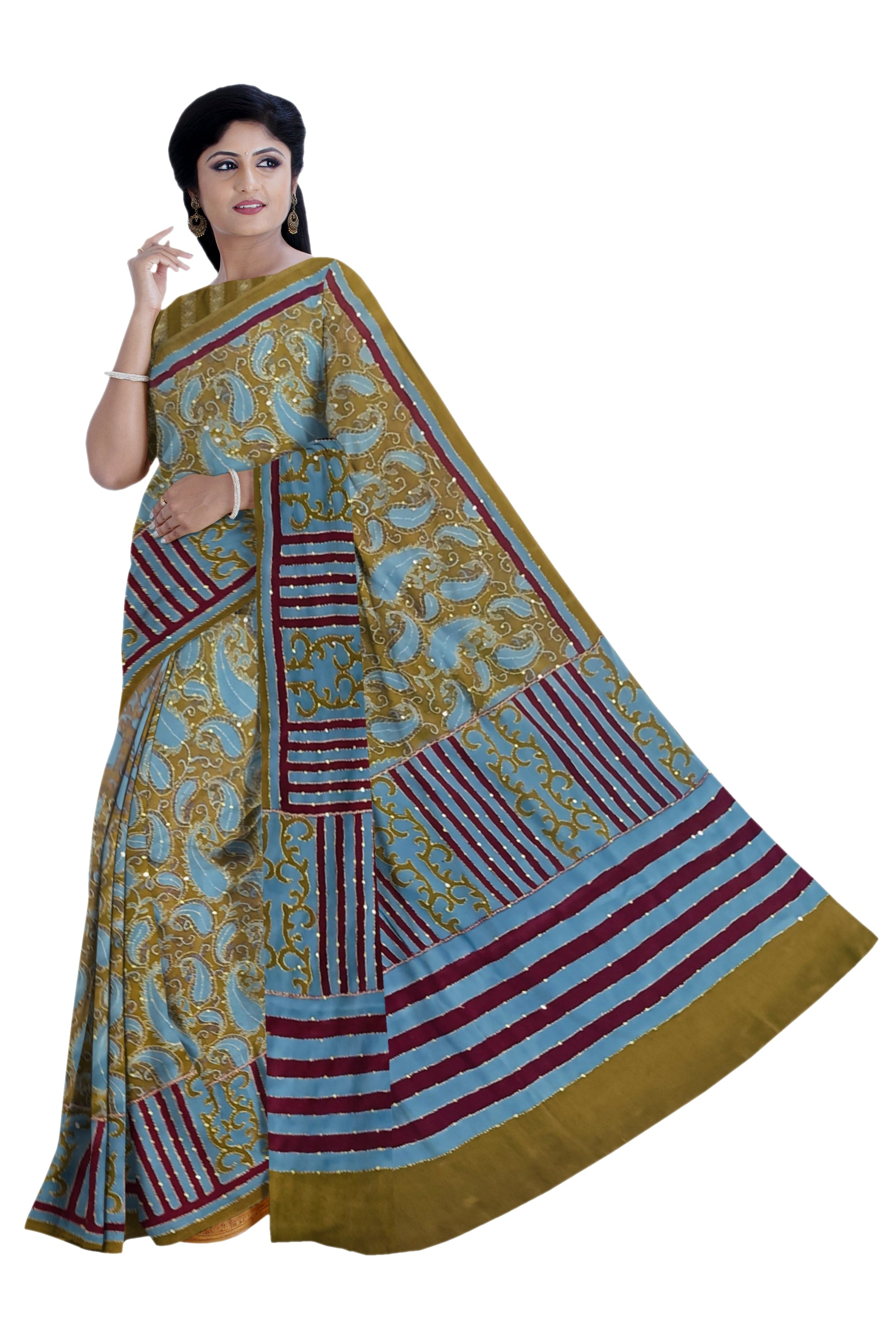 Olive Green Italian crepe with Kantha work - MIRASILKS Olive Green Italian crepe with Kantha work
