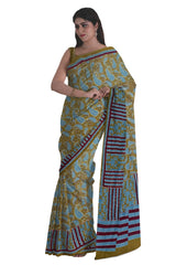 Olive Green Italian crepe with Kantha work - MIRASILKS Olive Green Italian crepe with Kantha work