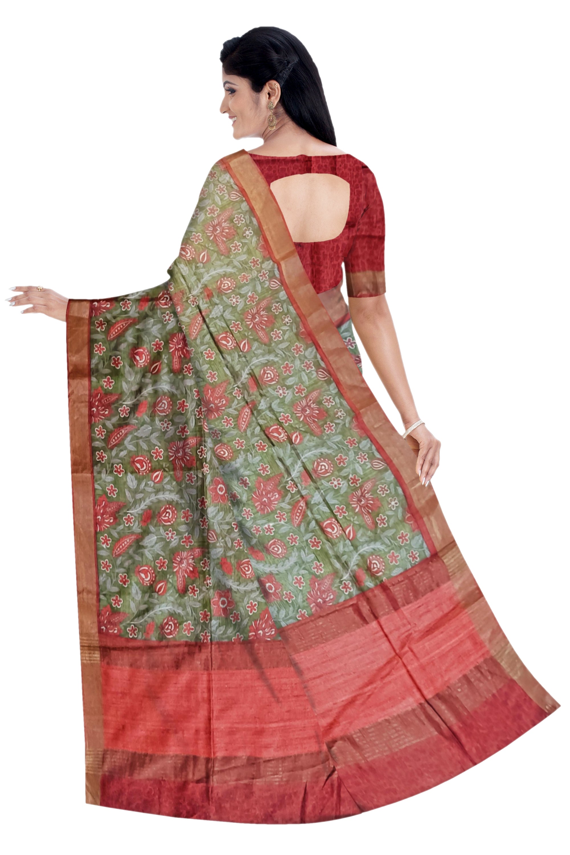 Red and Green Moonga Silk Printed Saree - MIRASILKS Red and Green Moonga Silk Printed Saree