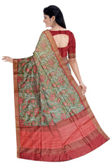Red and Green Moonga Silk Printed Saree - MIRASILKS Red and Green Moonga Silk Printed Saree