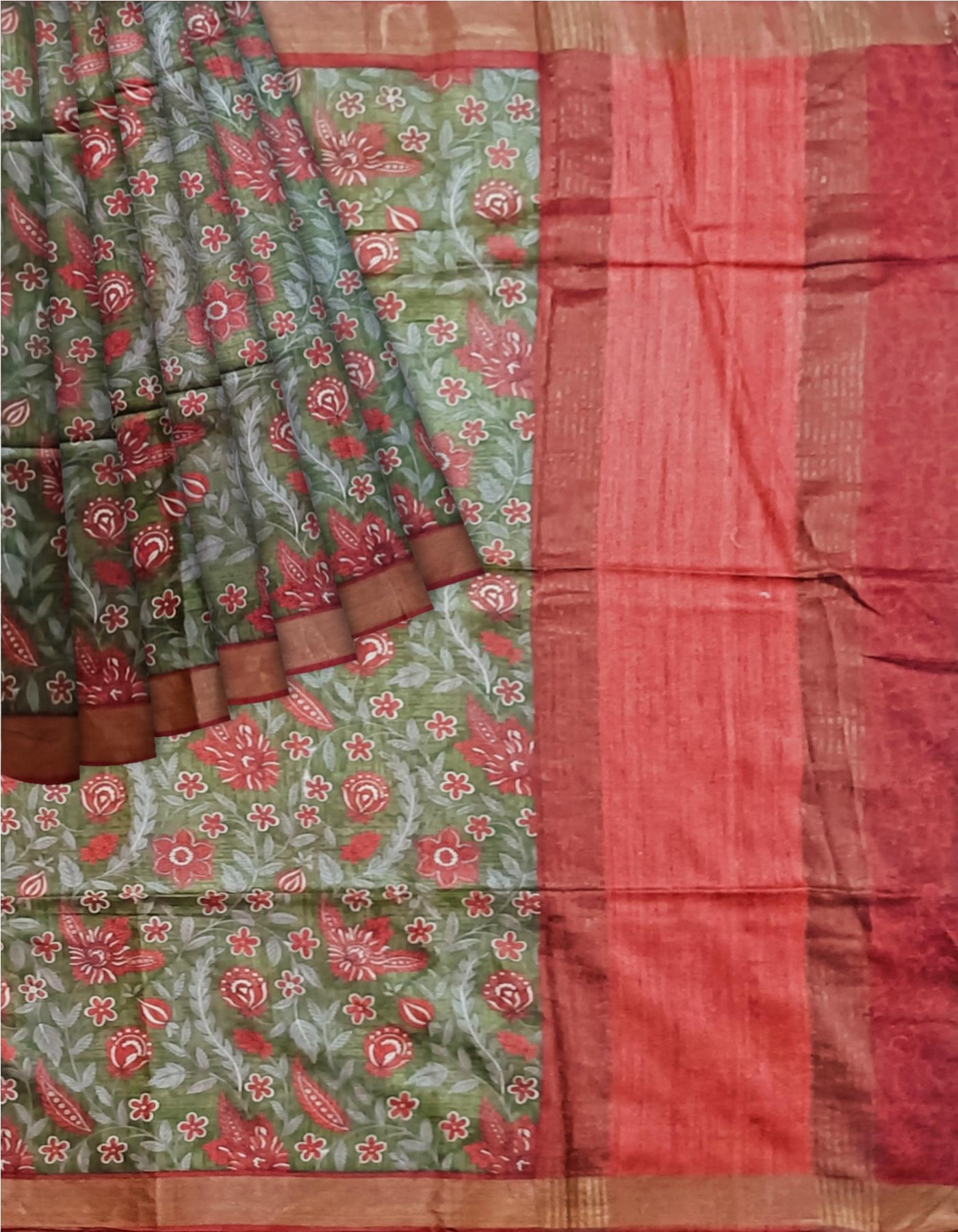 Red and Green Moonga Silk Printed Saree - MIRASILKS Red and Green Moonga Silk Printed Saree