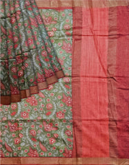 Red and Green Moonga Silk Printed Saree - MIRASILKS Red and Green Moonga Silk Printed Saree